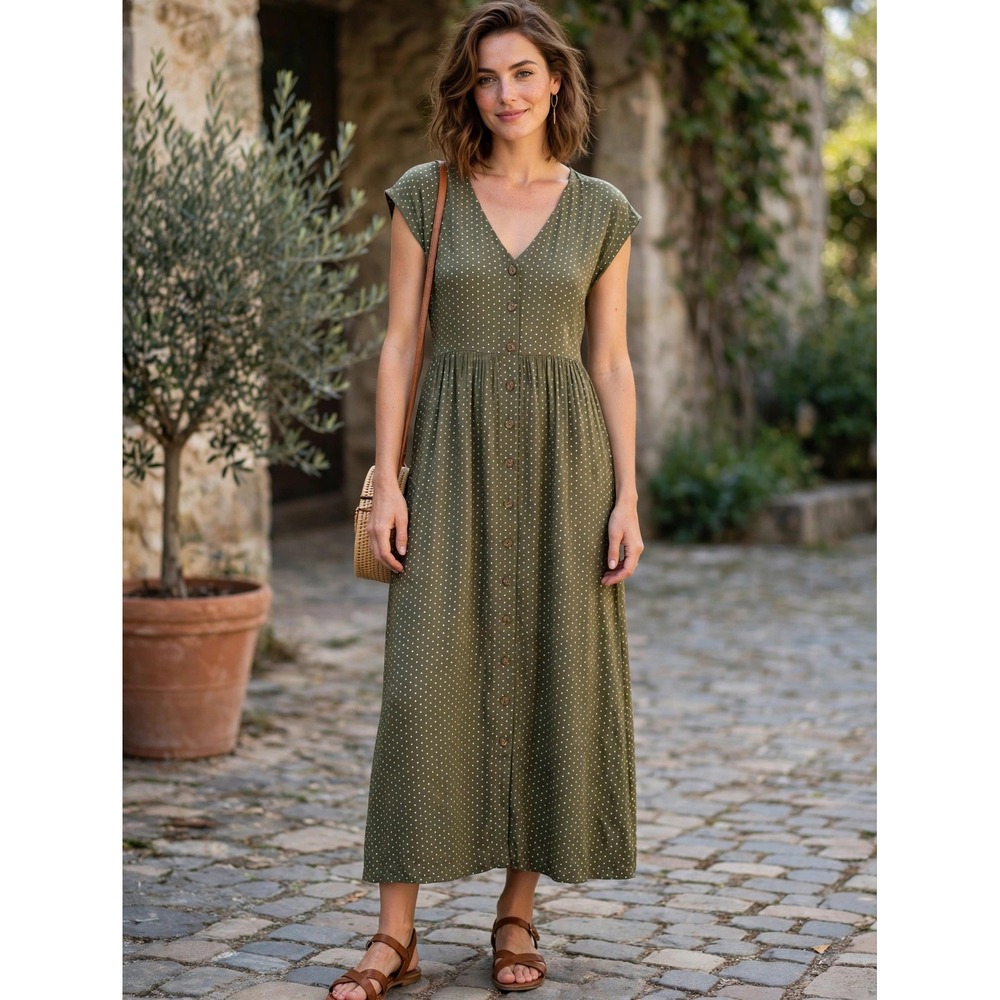 Madewell Olive Green Polka Dot Button Front Midi Dress NP139 XS